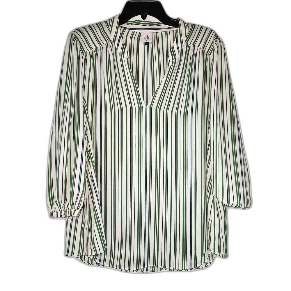 CAbi Awning Stripe 3/4 Sleeve White Green Blouse Large 5893